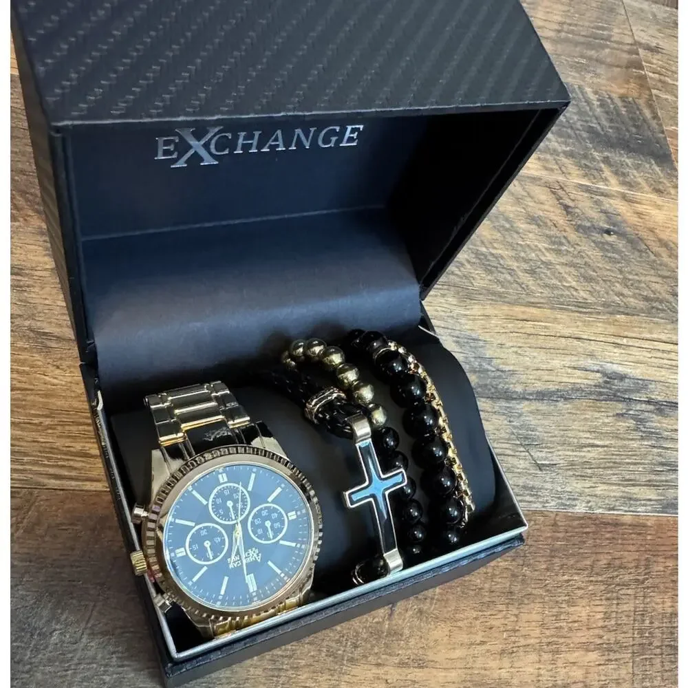 American Exchange Mens Bracelet And Watch Set‎ New Shiny Gold Tone Metal - AS IS